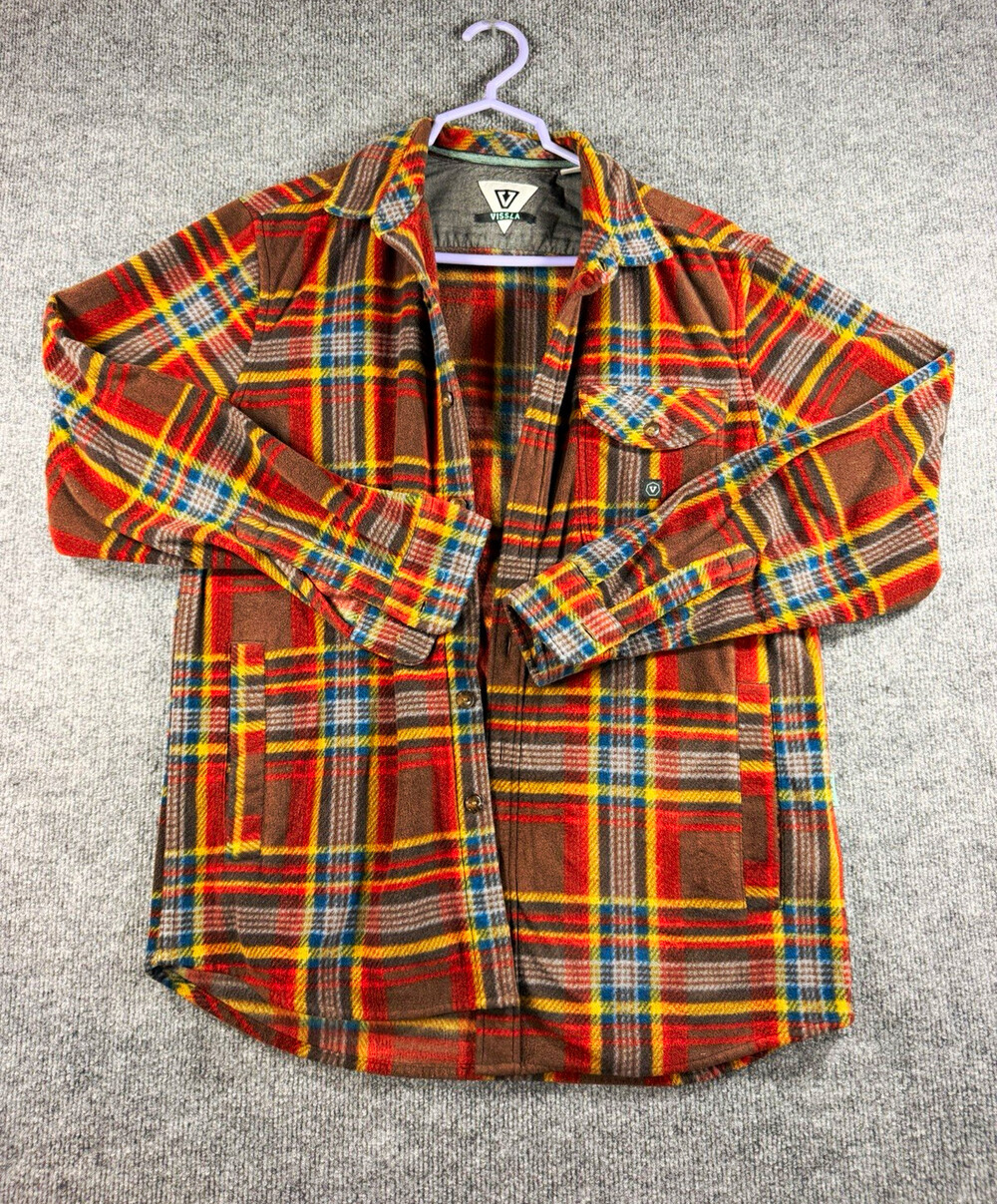Vissla Mens M Plaid Fleece Long Sleeve Button-Up Shirt Pockets M516NDEL